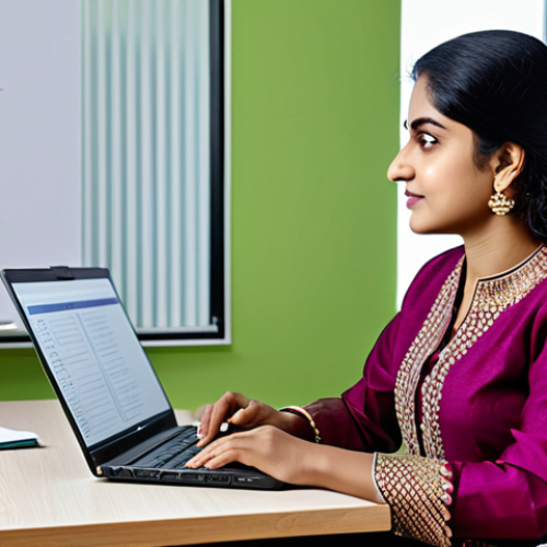 Home 7 **
A professional woman, fully clothed in a modest and elegant salwar kameez, is working on a laptop in a modern, brightly lit office space with Bengali script visible on a whiteboard in the background. She appears confident and competent. Safe for work. Appropriate content. Professional. Perfect anatomy, correct proportions, natural pose, well-formed hands, proper finger count, natural body proportions.
**