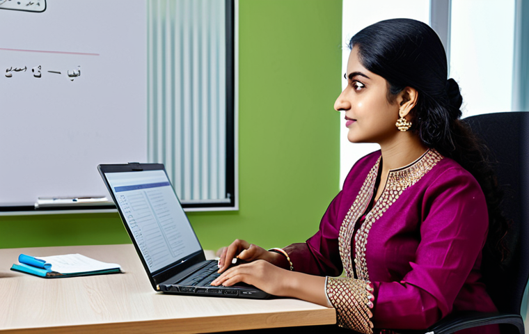 **
A professional woman, fully clothed in a modest and elegant salwar kameez, is working on a laptop in a modern, brightly lit office space with Bengali script visible on a whiteboard in the background. She appears confident and competent. Safe for work. Appropriate content. Professional. Perfect anatomy, correct proportions, natural pose, well-formed hands, proper finger count, natural body proportions.
**
