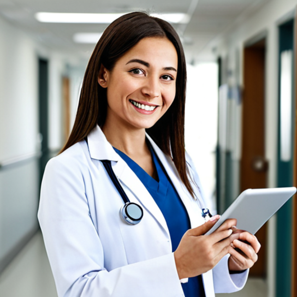 **

A professional female doctor, fully clothed in a clean, white lab coat, standing in a modern hospital hallway. She is smiling warmly, holding a digital tablet, with a stethoscope around her neck. Background shows blurred patients and staff. Perfect anatomy, correct proportions, natural pose, well-formed hands, proper finger count. Safe for work, appropriate content, modest clothing, professional, family-friendly.

**