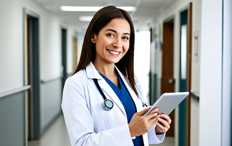 **

A professional female doctor, fully clothed in a clean, white lab coat, standing in a modern hospital hallway. She is smiling warmly, holding a digital tablet, with a stethoscope around her neck. Background shows blurred patients and staff. Perfect anatomy, correct proportions, natural pose, well-formed hands, proper finger count. Safe for work, appropriate content, modest clothing, professional, family-friendly.

**