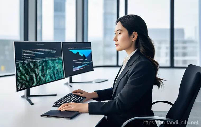 통번역사 통역사로서 커리어 발전 - **Prompt:** "A highly intelligent, professional female translator, in her late 30s, working diligent...