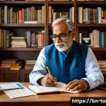 Home 18 통번역사 자격 취득 방법 - A professional Bengali translator in a modern home office setting, surrounded by bookshelves filled ...