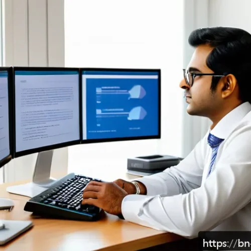 Home 28 통번역사 이직 준비 방법 - A professional Bengali translator sitting at a modern desk in a bright home office, surrounded by du...