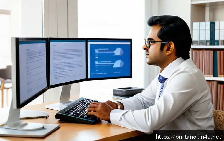 통번역사 이직 준비 방법 - A professional Bengali translator sitting at a modern desk in a bright home office, surrounded by du...