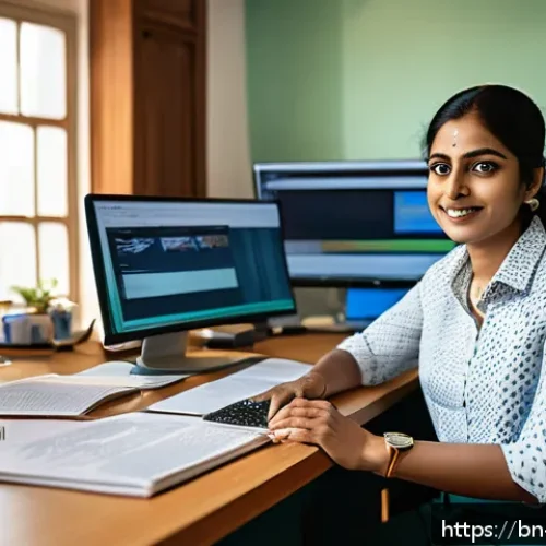 Home 15 통번역사 번역가로서 커리어 성장 - A professional Bengali translator working at a modern desk with multiple screens displaying CAT tool...