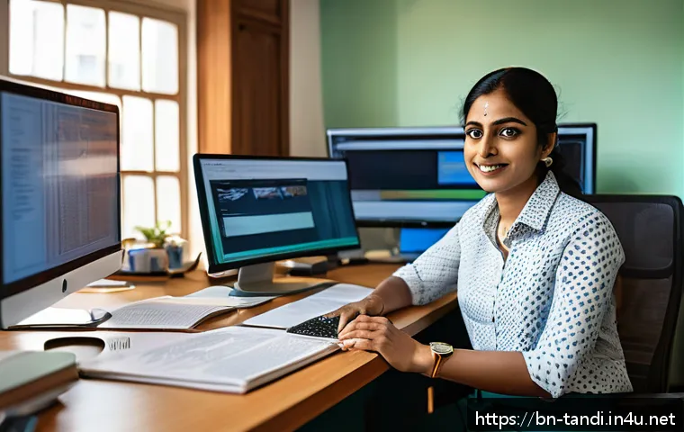 통번역사 번역가로서 커리어 성장 - A professional Bengali translator working at a modern desk with multiple screens displaying CAT tool...