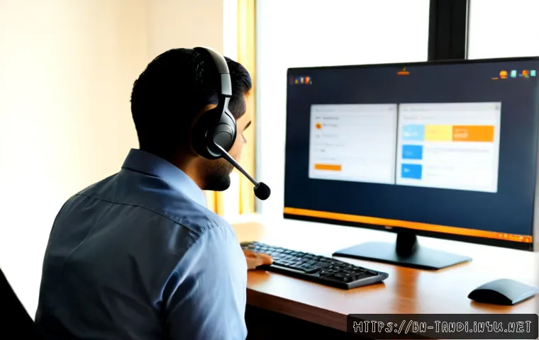 통번역사 번역 소프트웨어 사용법 - Photorealistic professional interpreter at a clean modern desk, using translation software on a wide...